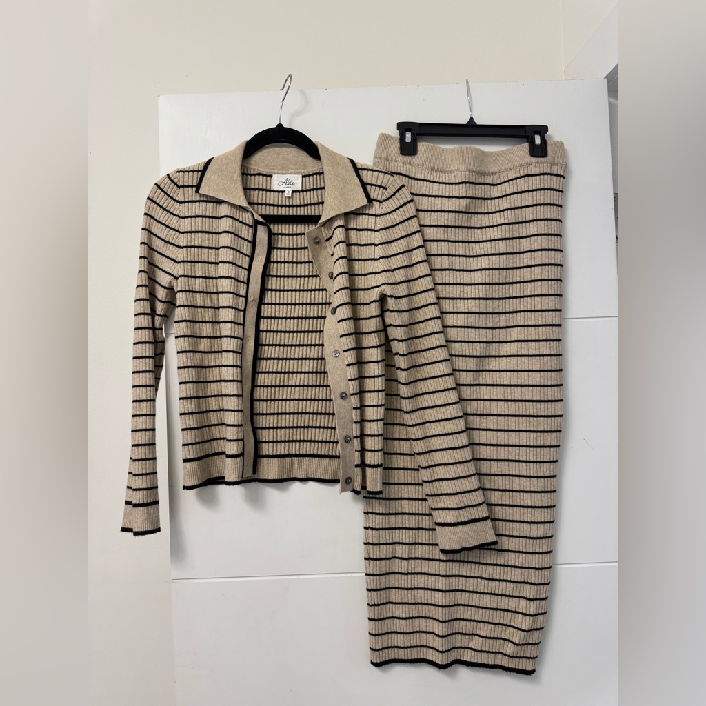 Able Beige And Black Ribbed Striped Cardigan And Skirt Set